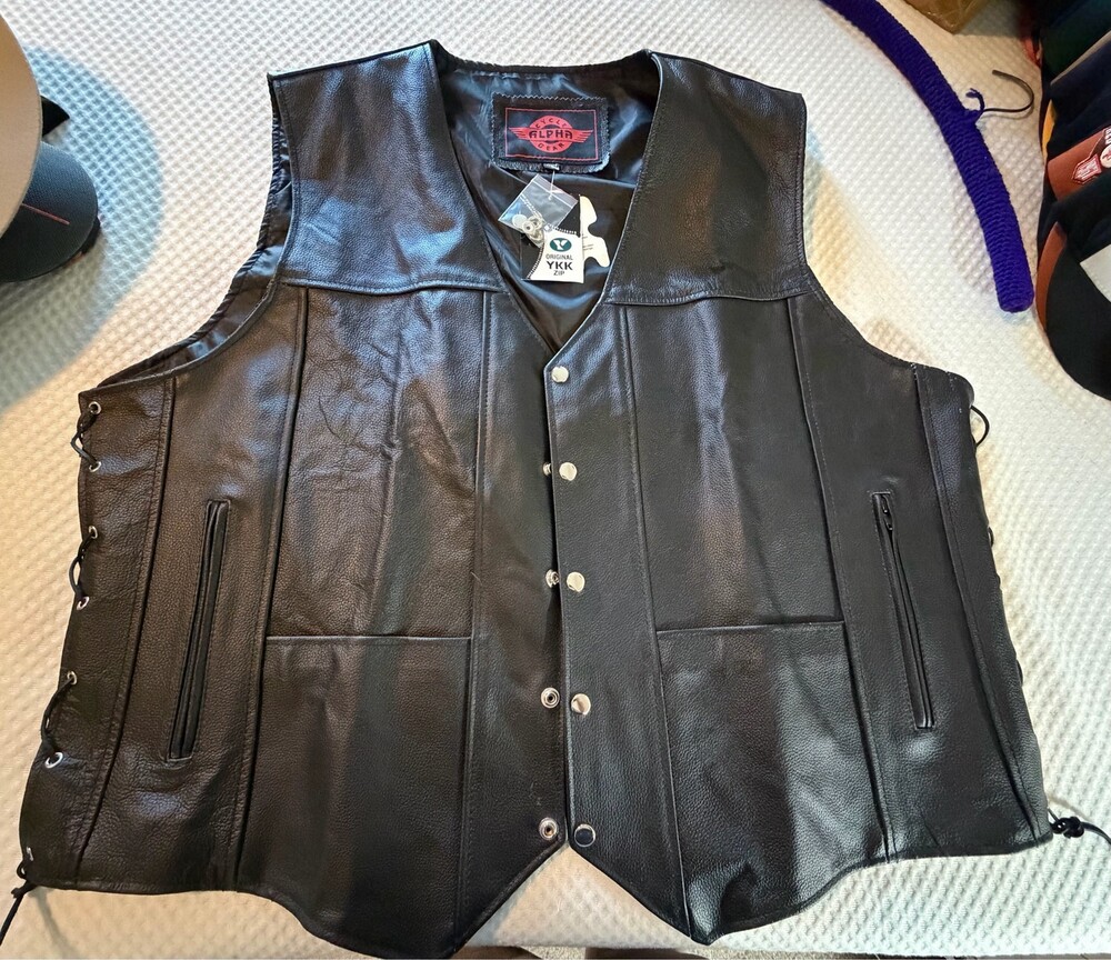 Alpha Cycle Gear Mens Black Leather Motorcycle Vest Biker Riding Jacket